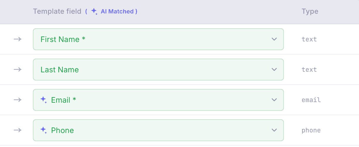 AI column mapping matching user CSV headers to Filio template fields with sparkle indicators