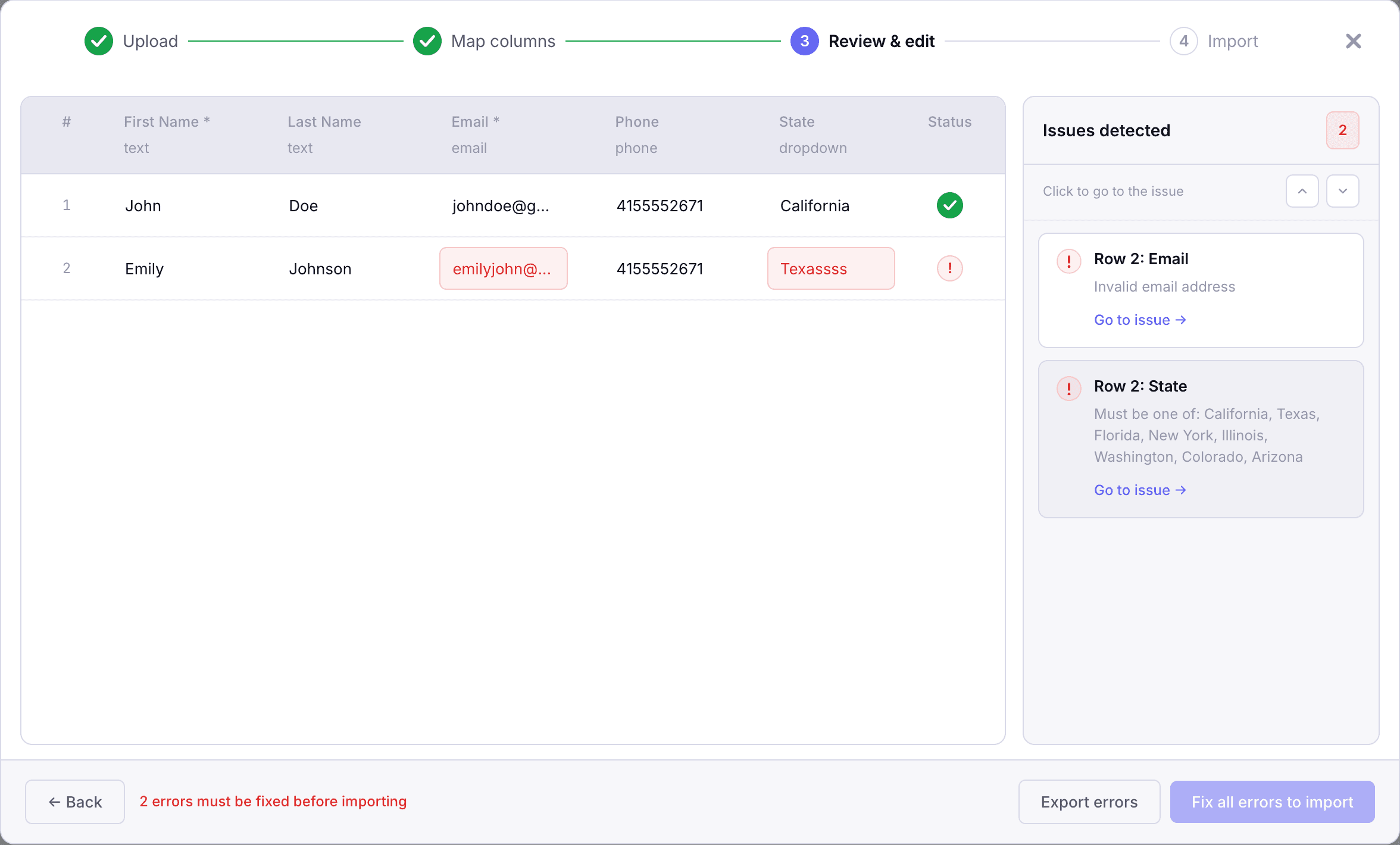 Filio importer showing AI column mapping and inline error fixing